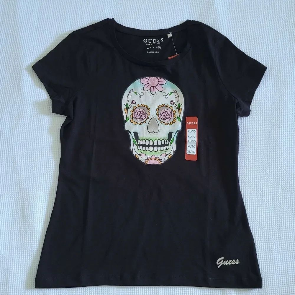 Guess❓Sugar Skull💀 Jet Black🖤 Graphic Skully Tee - NWT